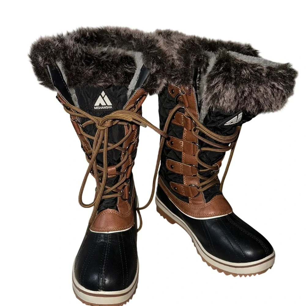 Mishansha Women Winter‎ Snow Boots Fur Lined Lace Up Waterproof Black Tan Sz 6.5